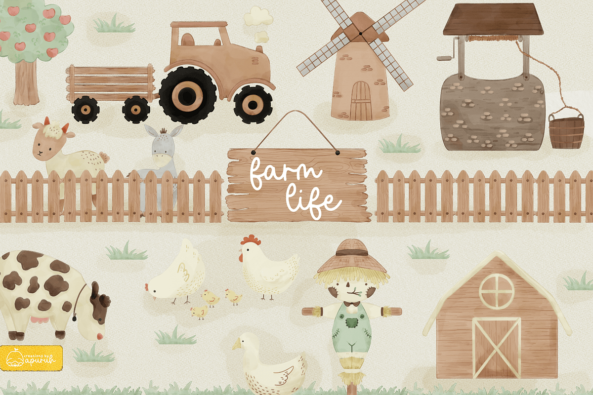 Farm Life Watercolor Clipart, an Animal Illustration by creationsbyapuruh (Photo 1 of 7)