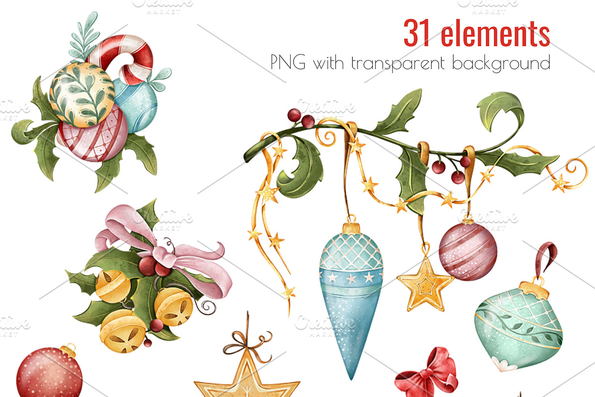 Christmas balls Clipart PNG Set, a Seasonal Illustration by Mespilia (Photo 2 of 5)