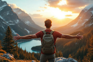 Hiker stands with arms wide open, a Person Photo by Volff