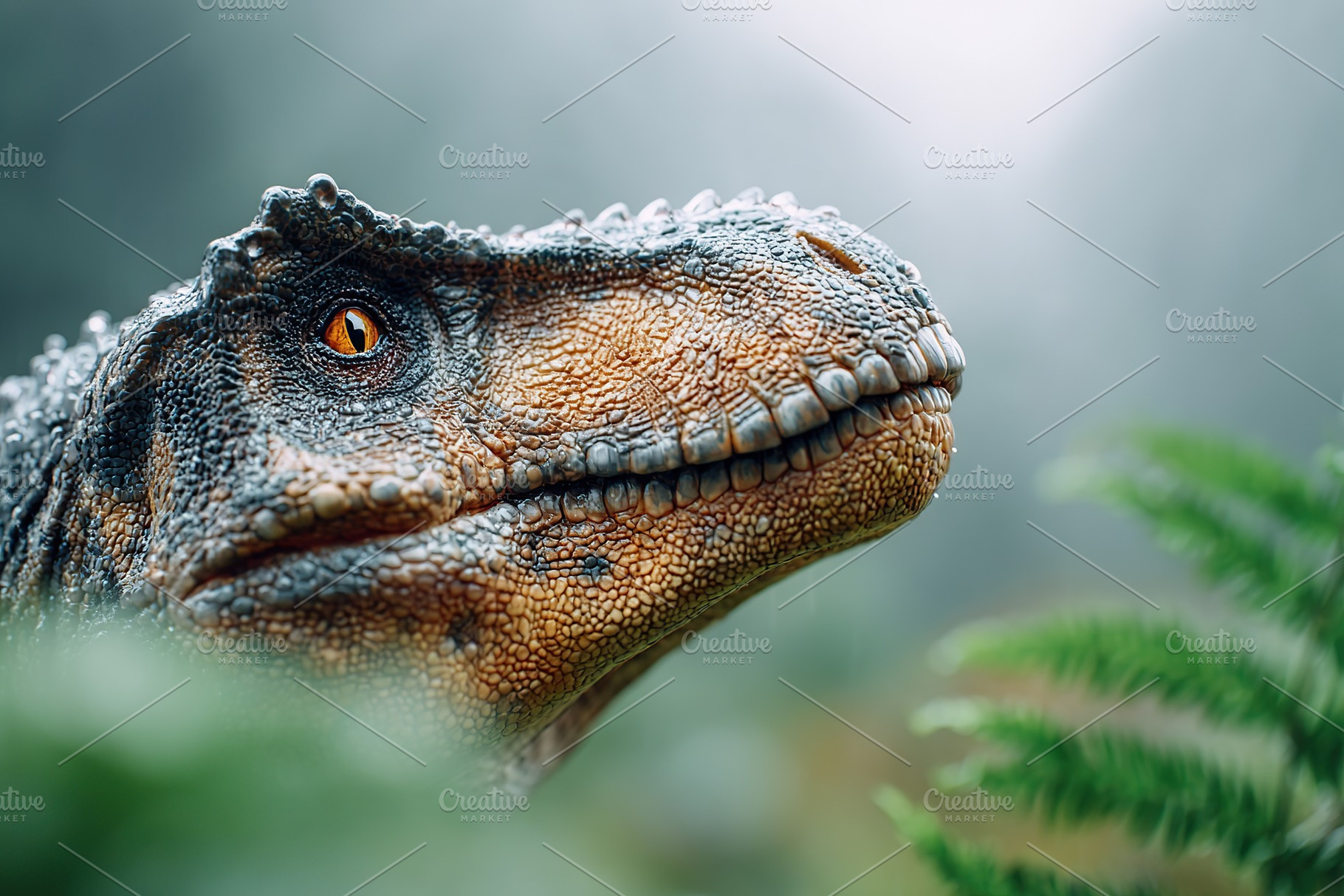 Tyrannosaurus rex emerges from dense ferns in a misty prehistoric landscape, an Animal Photo by AlyaAnd