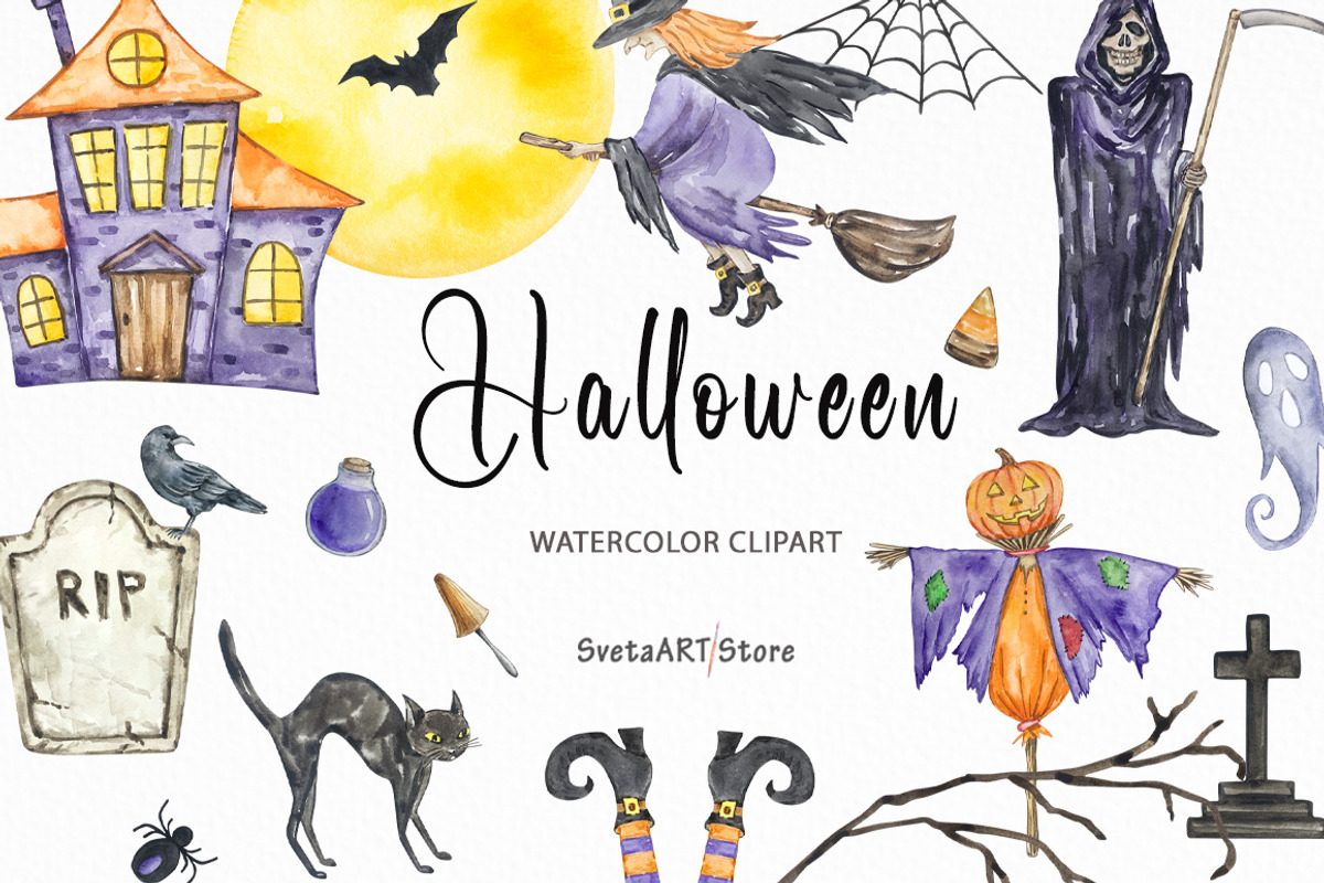 Watercolor Happy Halloween Clipart, a Seasonal Illustration by SvetaArtStore (Photo 1 of 8)
