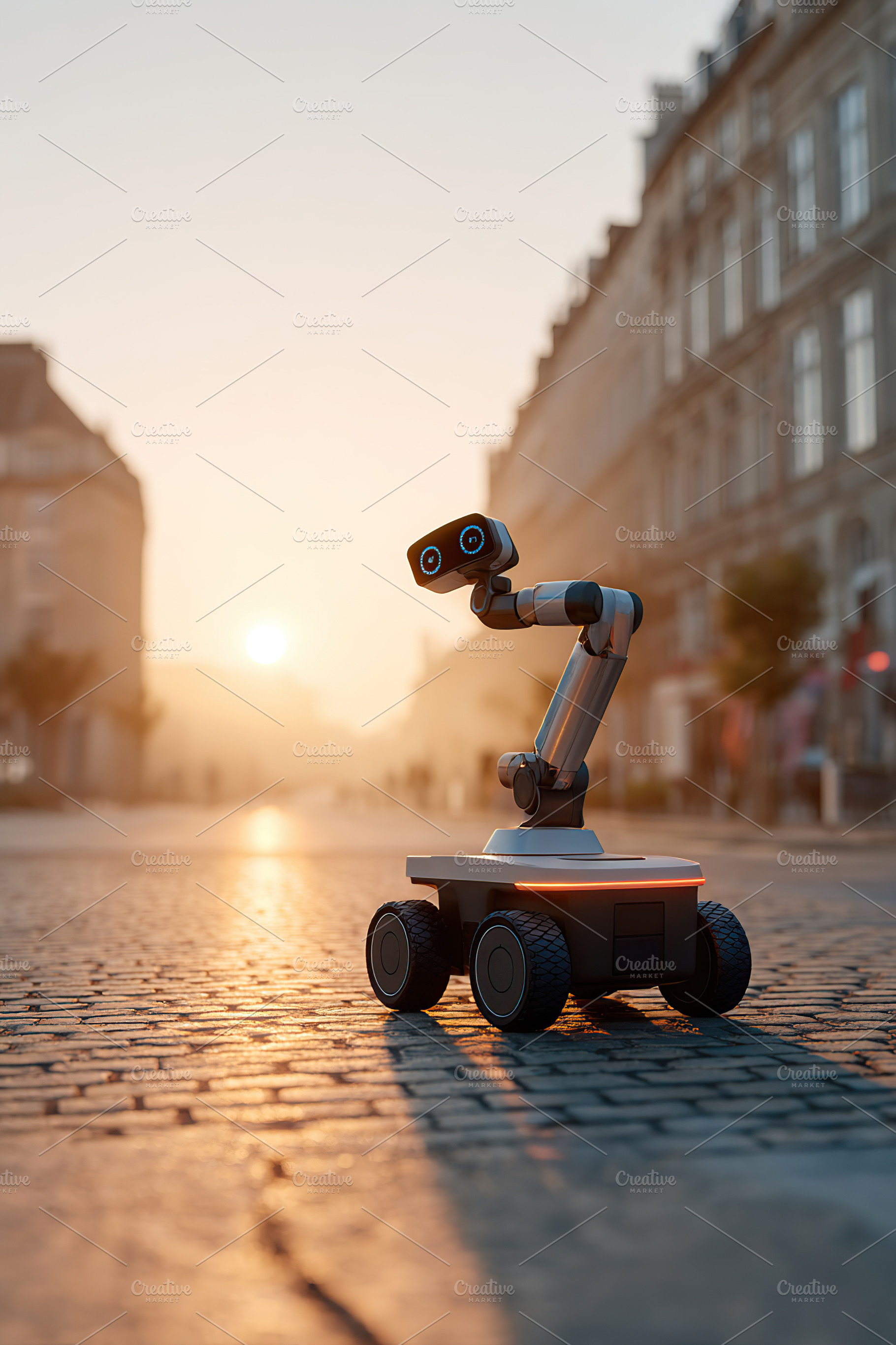 Compact cleaning robot navigating a cobblestone street at sunrise in an urban s, a Photo by AlyaAnd