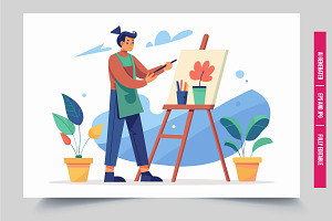 Artist paints flower easel, an Illustration by Tanuart