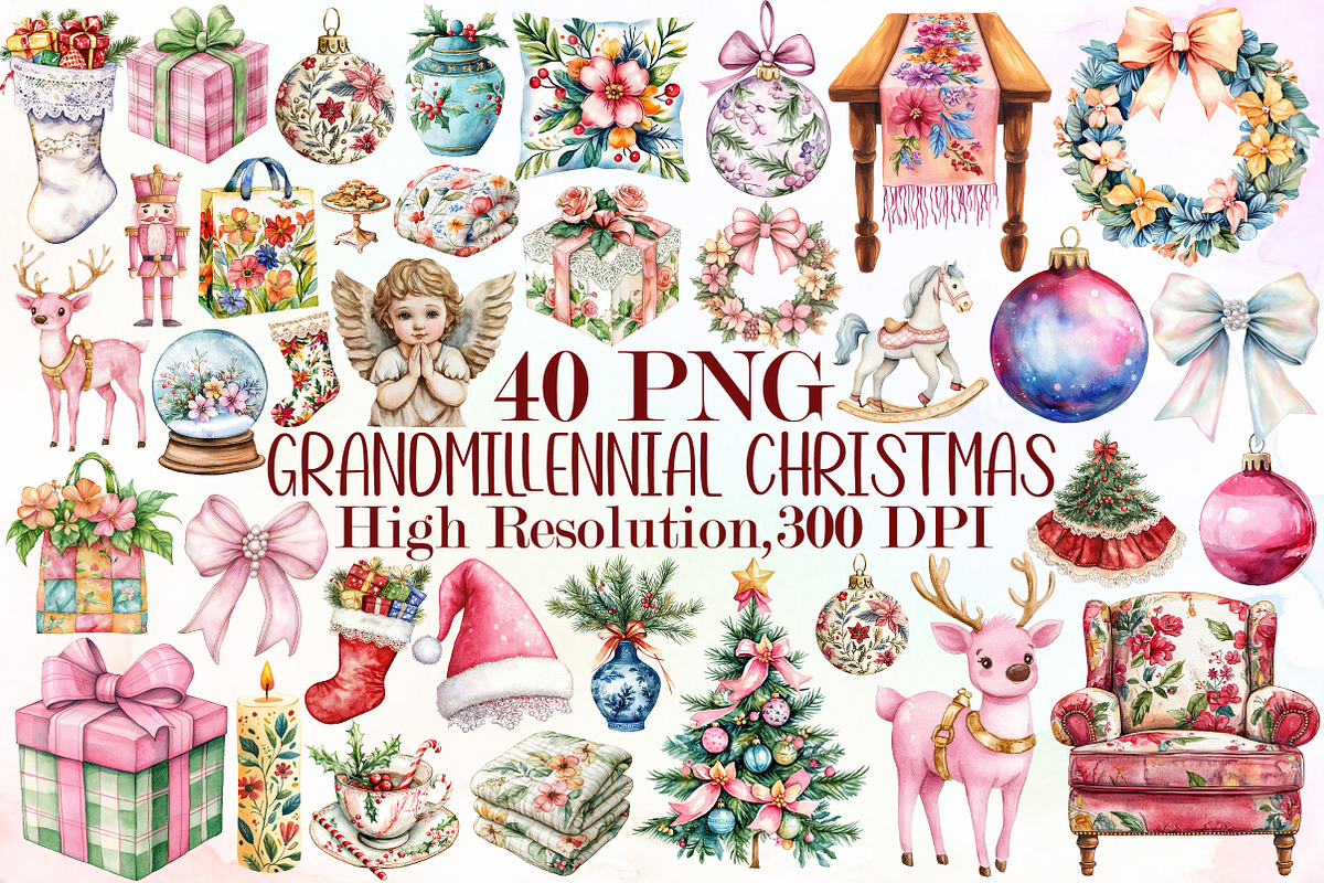 Grandmillennial Christmas Clipart, an Illustration by Sublimation Artist (Photo 1 of 6)