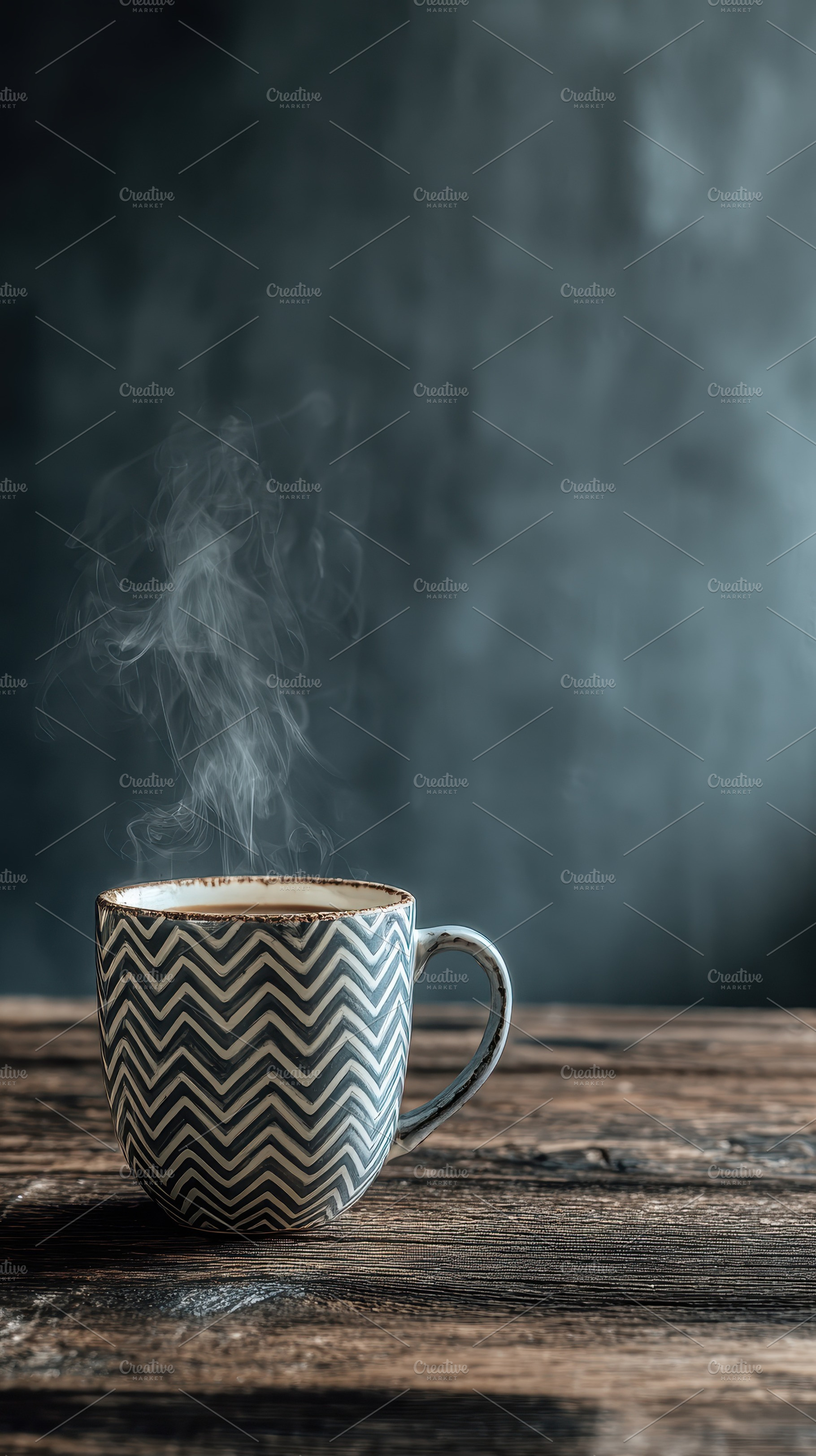 Steaming mug of coffee on wooden tab, a Photo by Pixeness Studio