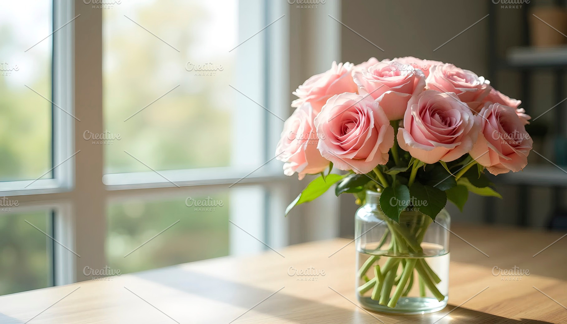 Beautiful bouquet of roses in glass, a Photo by LOGOCREATIVE