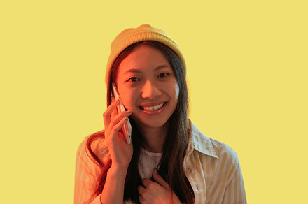 Phone talk call conversation neon woman gadget, a Person Photo by Photo Drive Studio