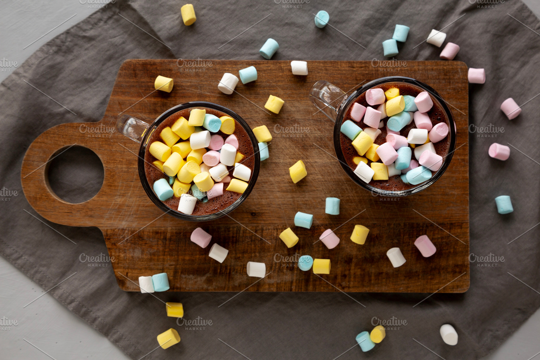 Warm Chocolate Cocoa in Mugs with Colorful Marshmallows, top vie, a Food & Drink Photo by LiudmylaChuhunova