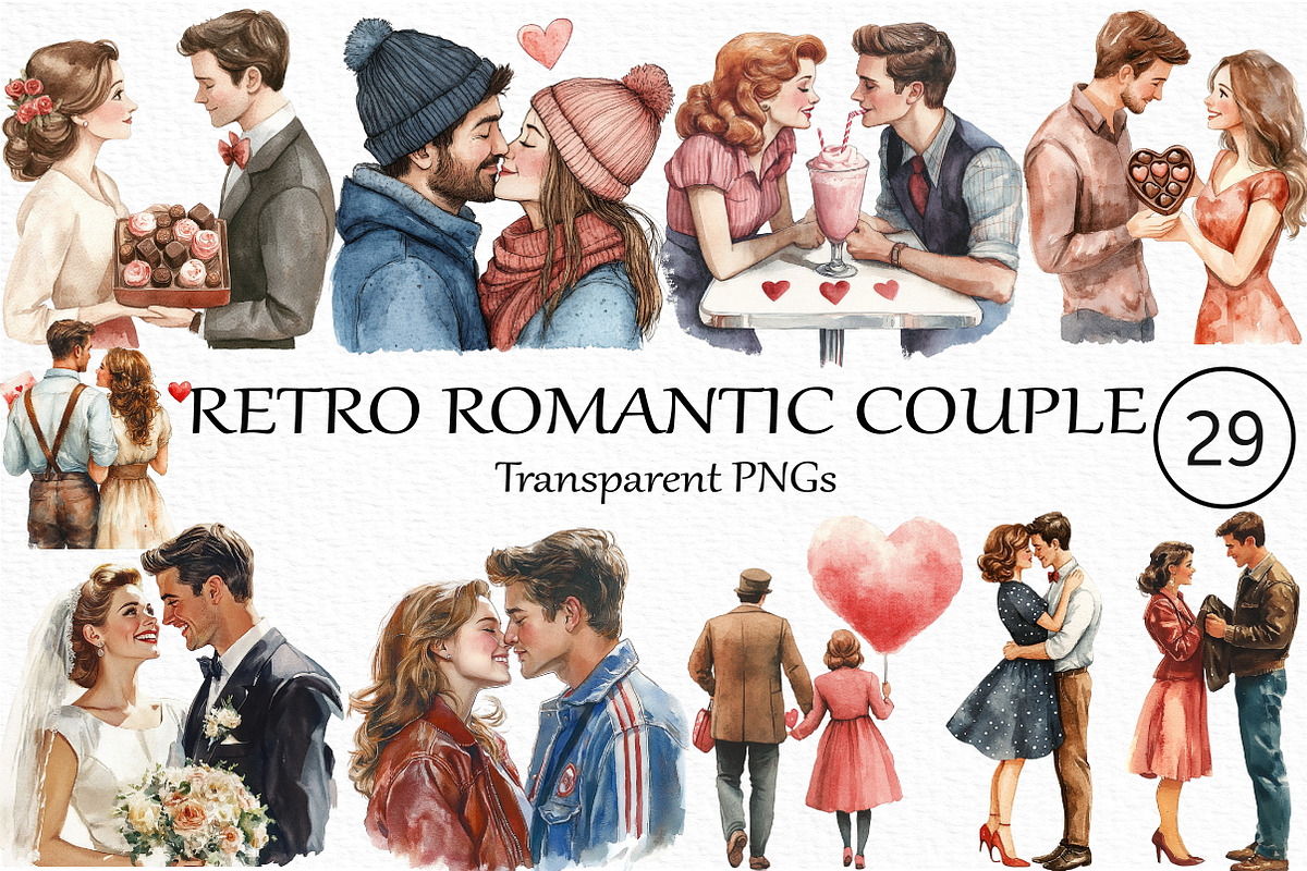 Retro Romantic couple clipart set, an Illustration by Craft Nest (Photo 1 of 4)