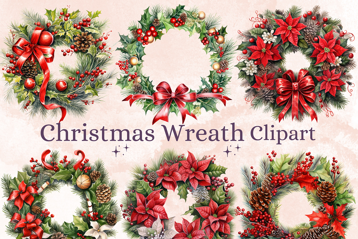 Watercolor Christmas Wreath Clipart, an Illustration by GiraffeCreative (Photo 1 of 9)