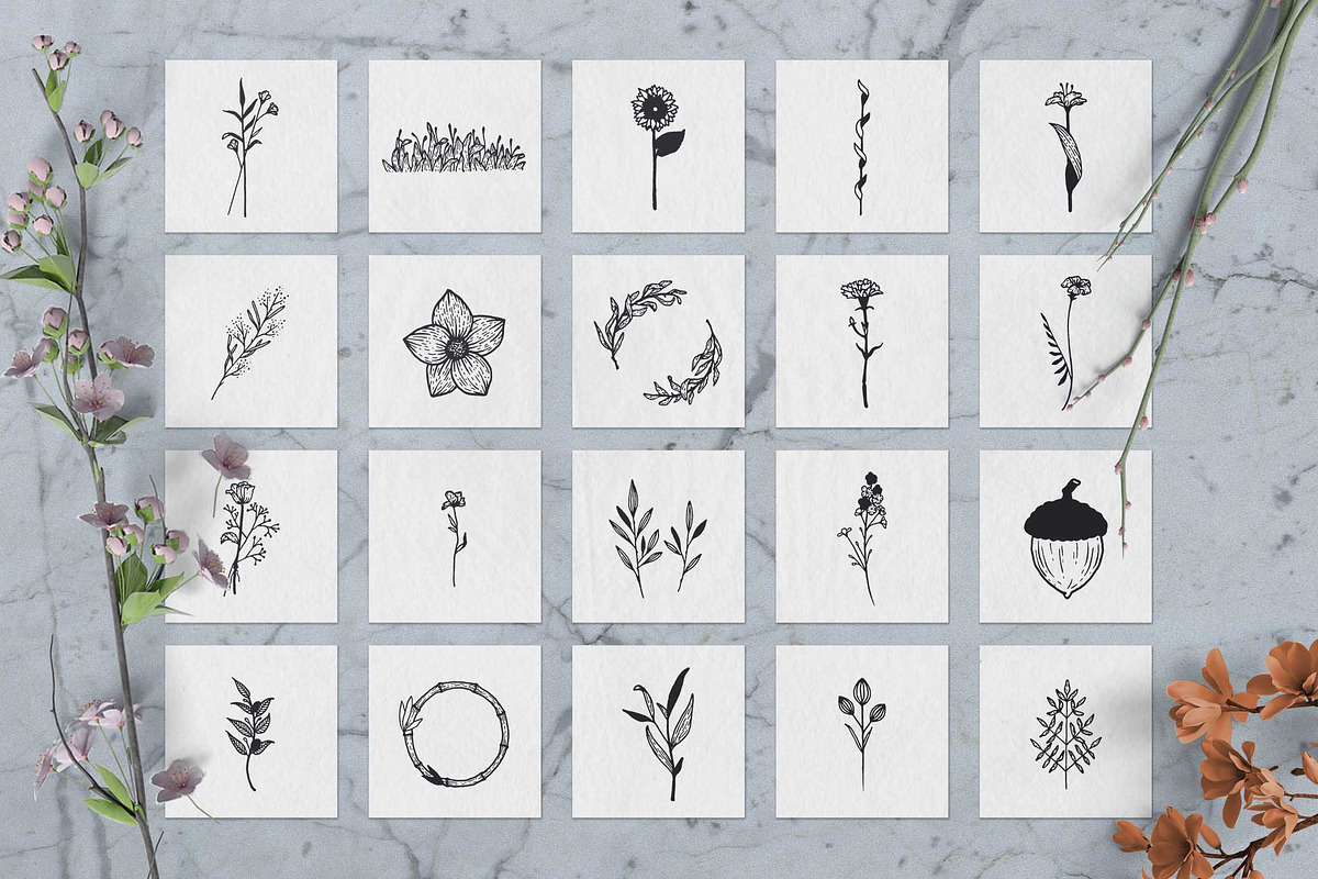 100 Hand Drawn Elements -Floral-, a Decorative Illustration by Michael Rayback Design (Photo 4 of 18)