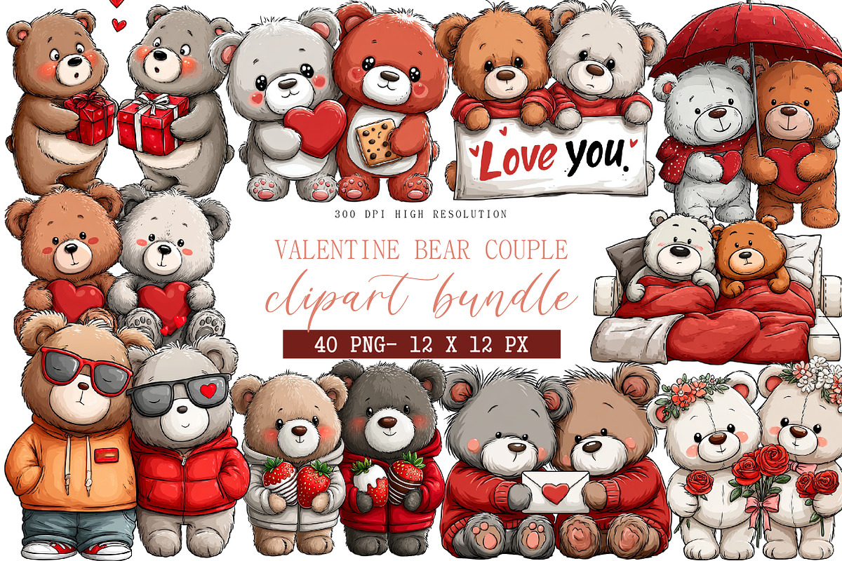 Valentine Bear Couple Clipart, an Illustration by DreamArtGraphic (Photo 1 of 4)