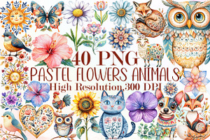 Pastel Folk Art Motifs Flowers Anima, an Illustration by Sublimation Artist