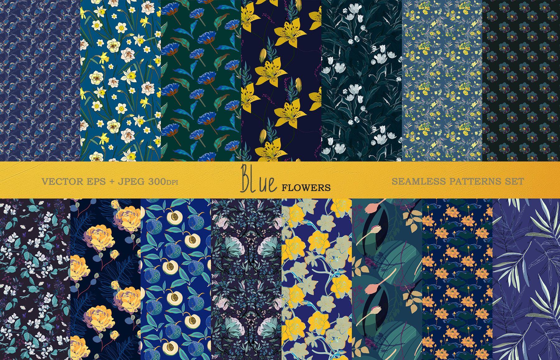 Blue floral seamless vector pack, a Pattern Graphic by PatternsBlooming
