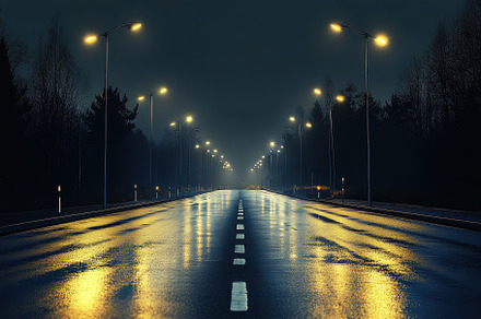 Nighttime road illuminated by street, a Photo by Iftikhar Alam