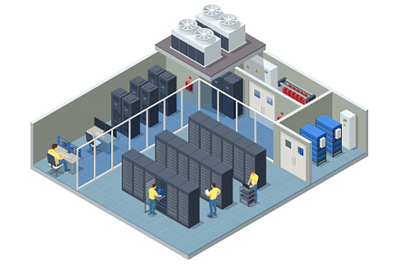Isometric Network computing, a Technology Illustration by Golden Sikorka