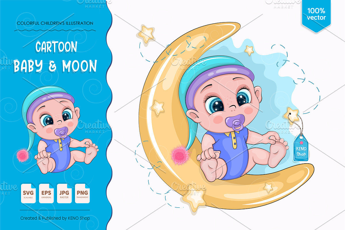 Cartoon Baby & Moon. Tshirt, PNG., a Person Illustration by KENO Mascots (Photo 1 of 4)