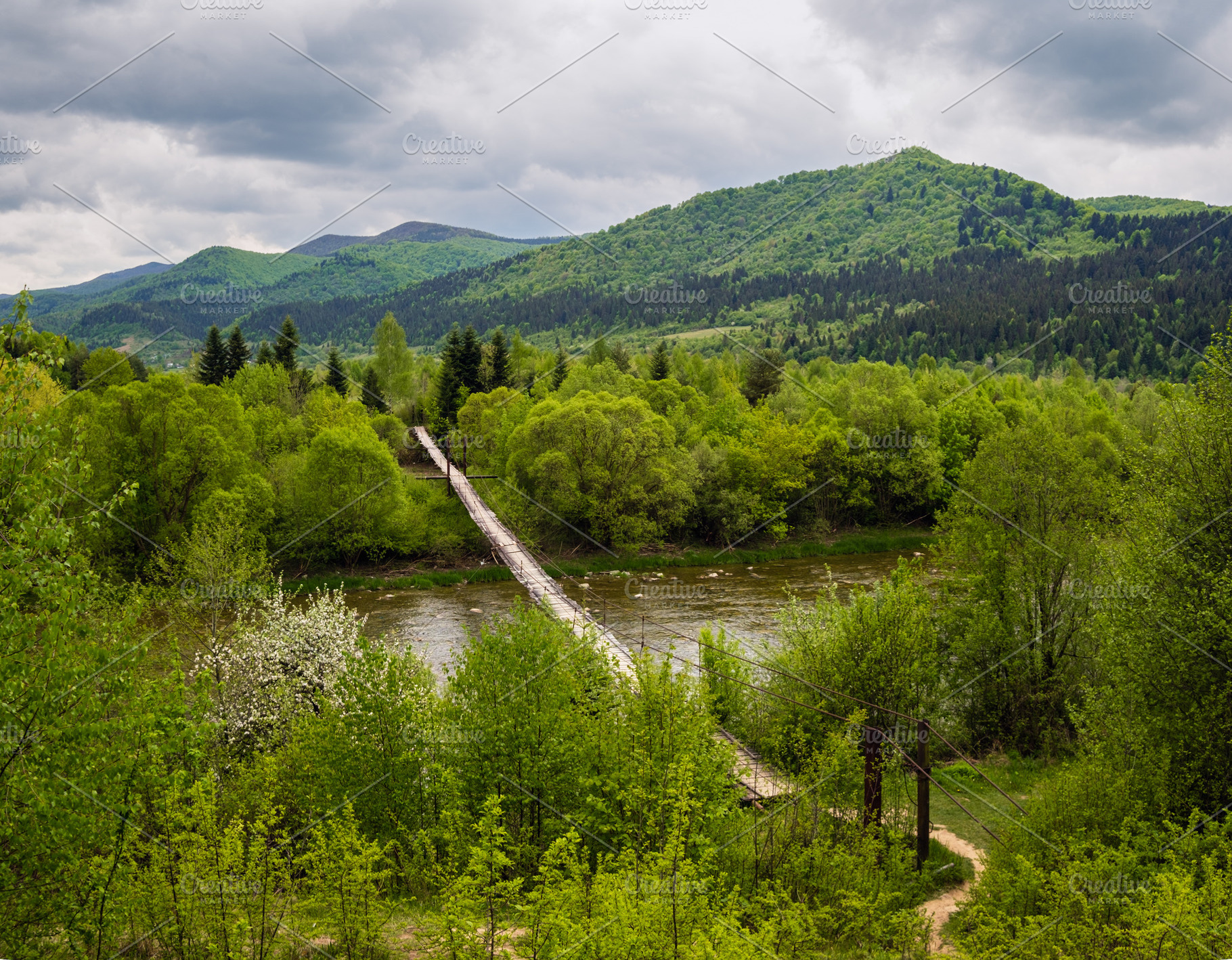 Spring picturesque river band view. Mountains scenery view behin, a Nature Photo by YuriyB