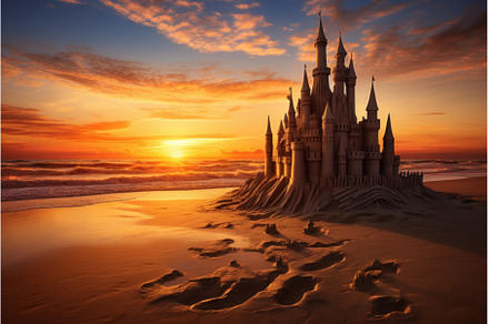 Majestic sand castle at sunset on, a Nature Photo by Ylivdesign