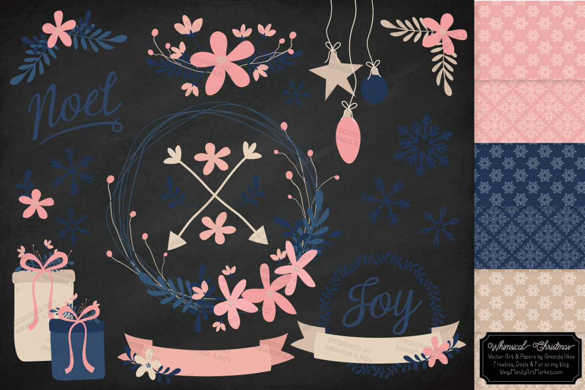 Navy & Pink Floral Christmas Wreath, an Illustration by Amanda Ilkov (Photo 2 of 5)