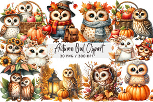 Watercolor Autumn Owl Clipart Bundle, a Seasonal Illustration by DreamArtGraphic