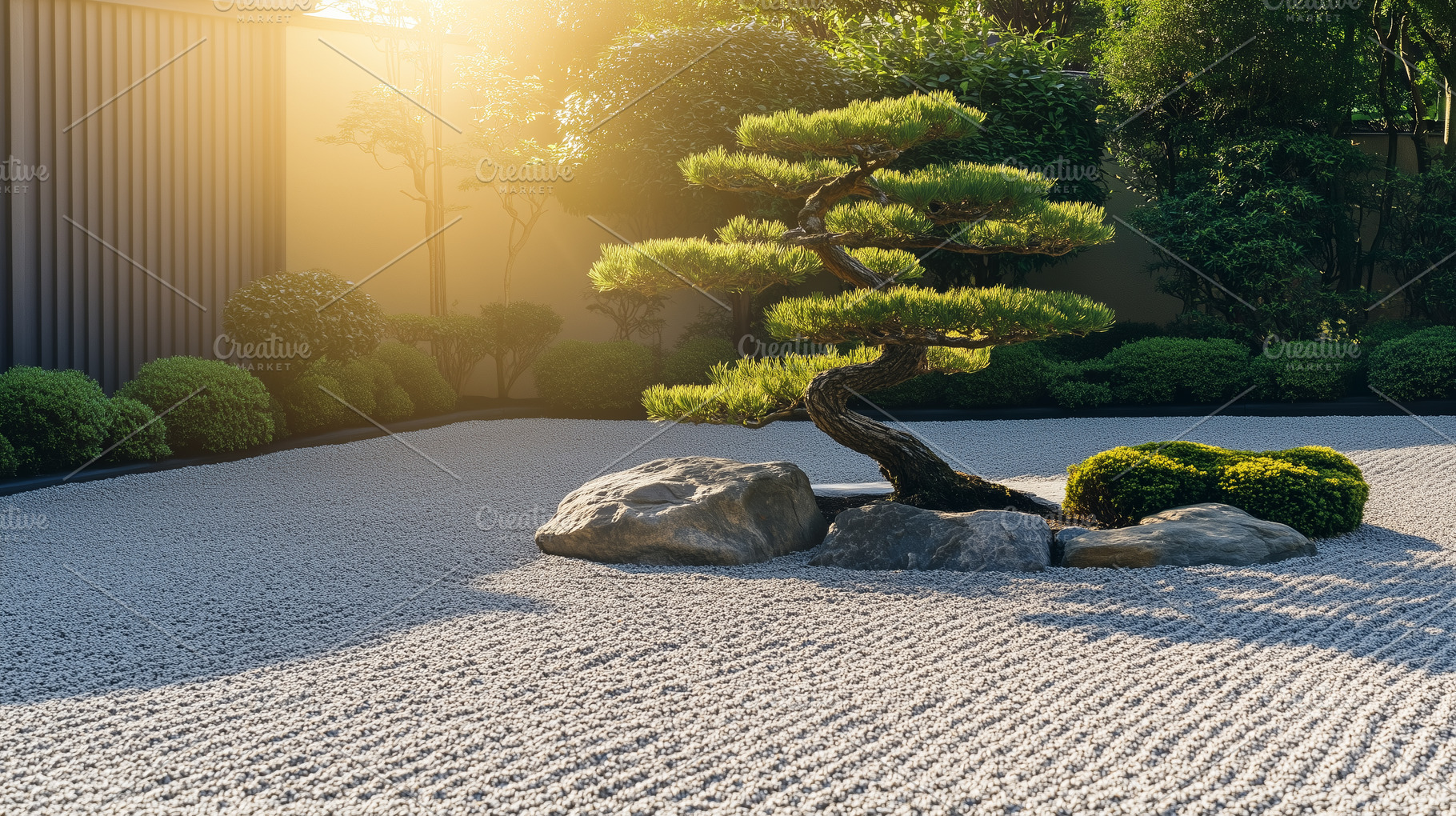 Serene Japanese Zen garden at sunset, a Nature Photo by MistyDay