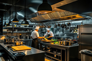 Restaurant kitchen with chefs, a Photo by Pavel_design