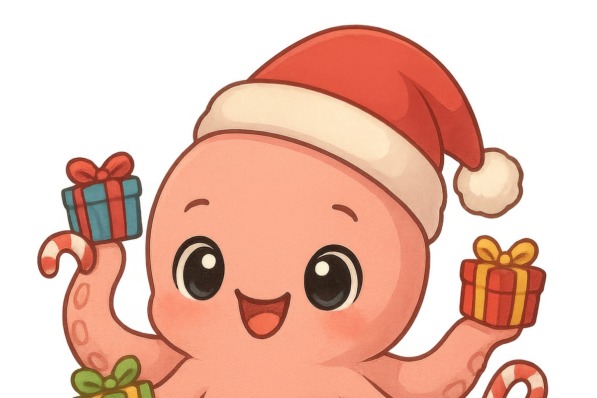 Cute anime octopus wearing santa hat, an Illustration by Dvoevnore photos