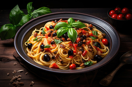 Spaghetti with black olives, tomatoe, a Photo by Iftikhar Alam