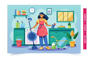 A smiling woman in a pink apron clea, an Illustration by Tanuart