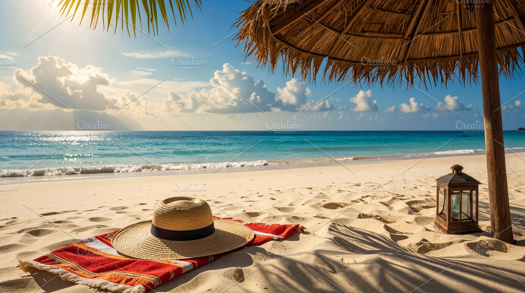 Tropical Beach Umbrella and Hat at Sunrise, a Sports & Recreation Photo by Davizro's Market