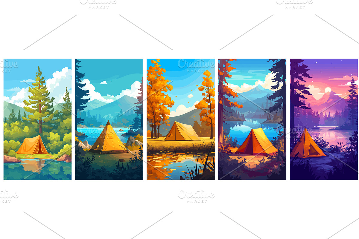 tents by the lake. yellow tent, an Illustration by Stock-Smart-Start