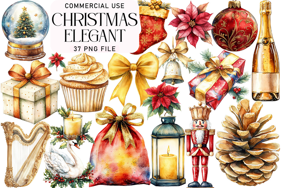 Watercolor Elegant Christmas Clipart, an Illustration by Daily.Designs (Photo 1 of 5)