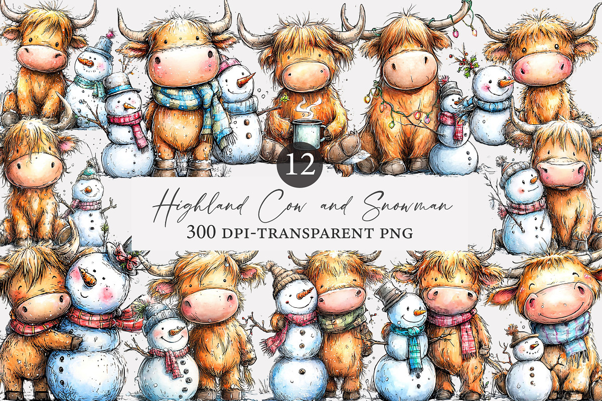 Highland cow and snowman clipart, an Illustration by Designworld (Photo 1 of 3)