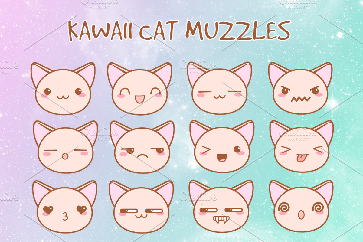 Cute vector kawaii cat muzzles, an Emoji Icon by MaryHat Shop (Photo 2 of 2)
