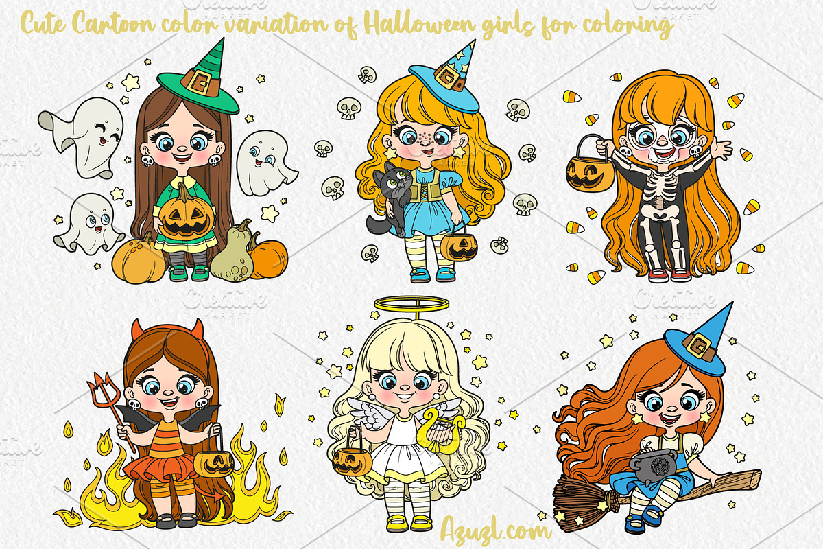 Cute cartoon Halloween girls, an Illustration by Azuzlikus (Photo 3 of 4)