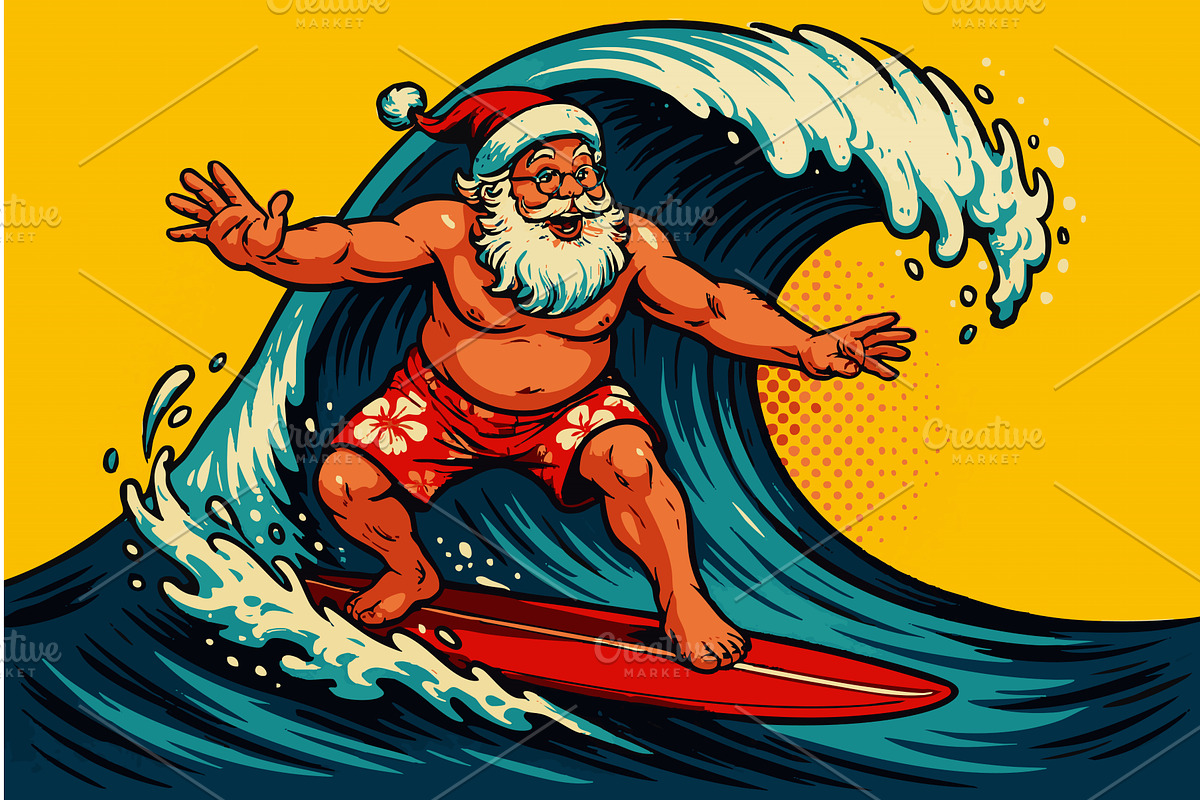 Santa Claus surfing ocean wave in, an Illustration by AlexArt