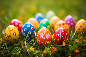 Colorful easter eggs on green grass, a Holiday Photo by AlyaAnd