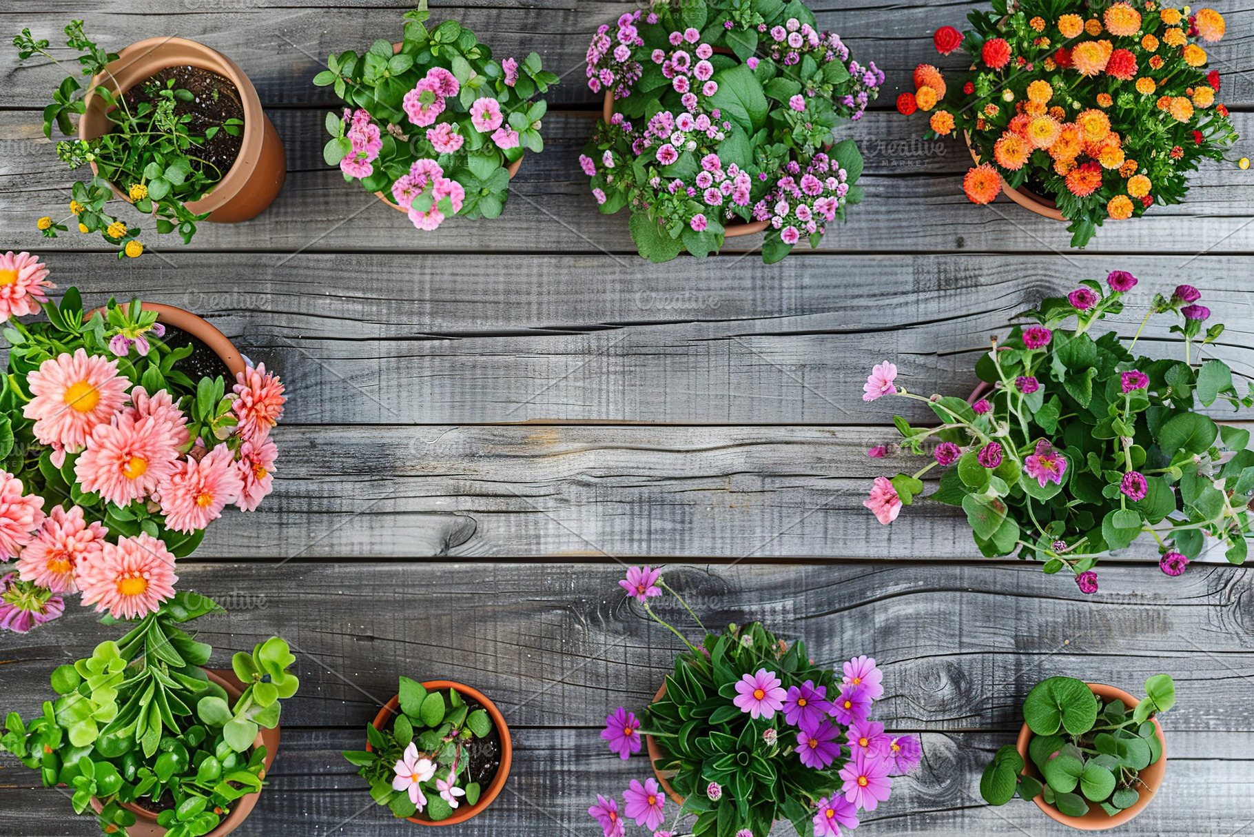 Flat lay of different flowers in pots on grey wooden table, a Food & Drink Photo by AlyaAnd