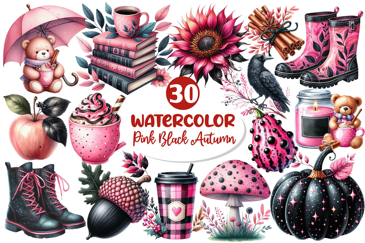 Pink and Black Autumn Clipart, an Illustration by Dream Creation (Photo 1 of 6)