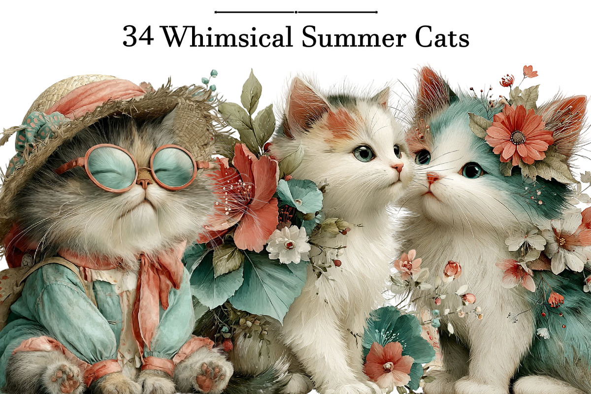 Whimsical Summer Cats Clipart, an Illustration by DreamArtGraphic (Photo 1 of 5)