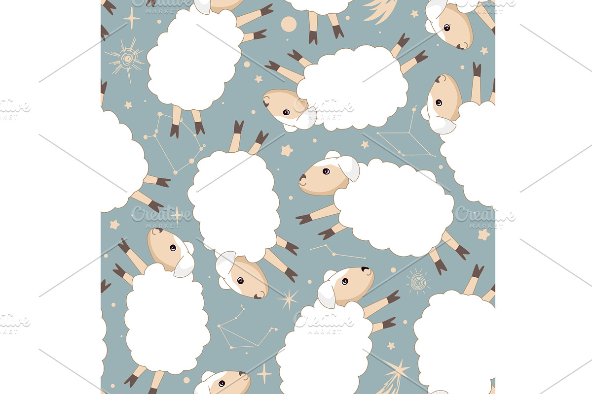 Cute sheep in the night sky seamless, a Texture Illustration by Toltemara