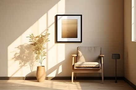 Cozy living room beige interior with wooden chair, coffee table, flowerpot, an Architecture Photo by Lenor4ik