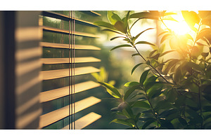 Sunlit window with green leaves and