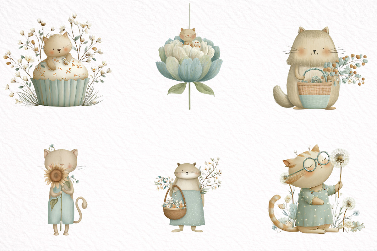 Whimsical Funny Spring Cats Clipart, an Illustration by DreamArtGraphic (Photo 6 of 8)
