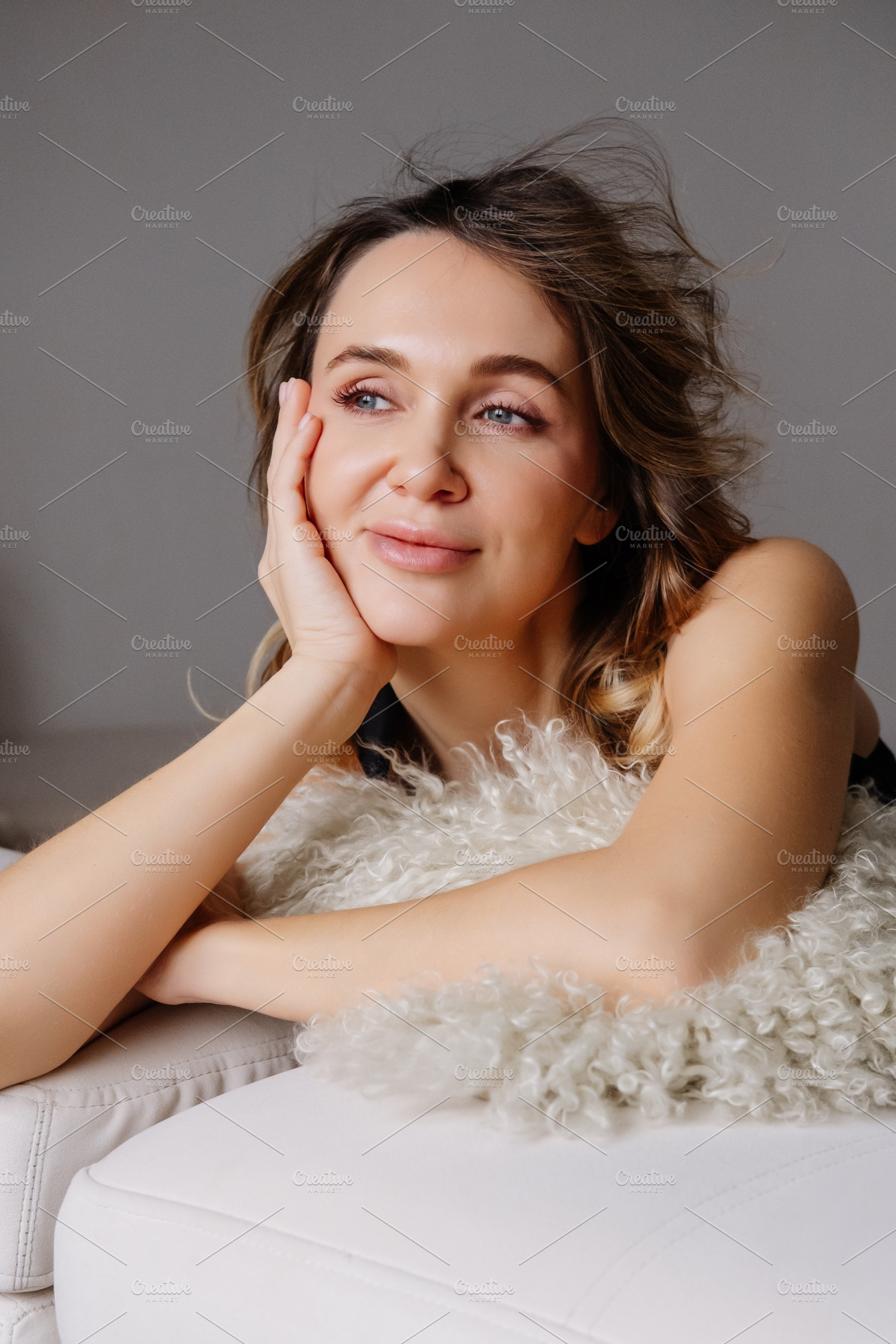 Relaxed woman peaceful mood lifestyle cozy home, a Person Photo by Photo Drive Studio