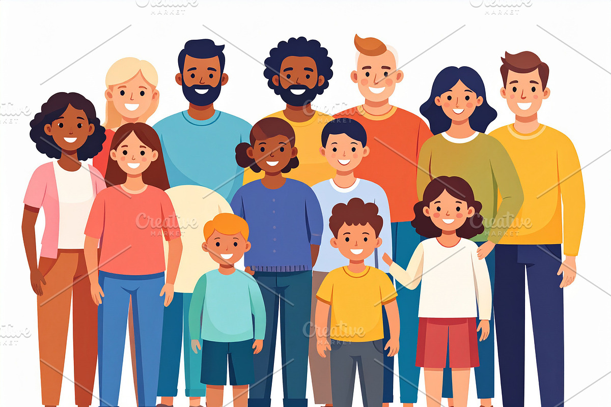 Diverse family standing together on a white background, a Person Illustration by DanFLCreativo