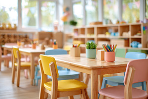 Bright and colorful classroom setting with tables and chairs arranged for learn, a Photo by AlyaAnd