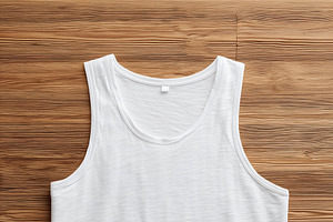 A plain white tank top mockup laid flat on a wooden surface, showcasing its sim