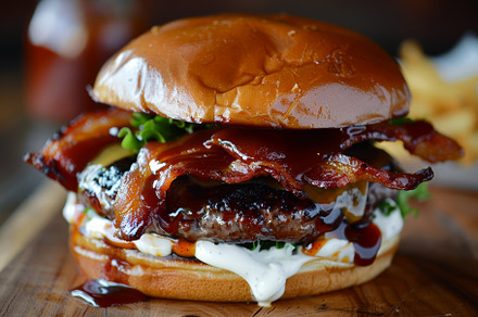 A bacon burger topped with fresh let, a Photo by Iftikhar Alam